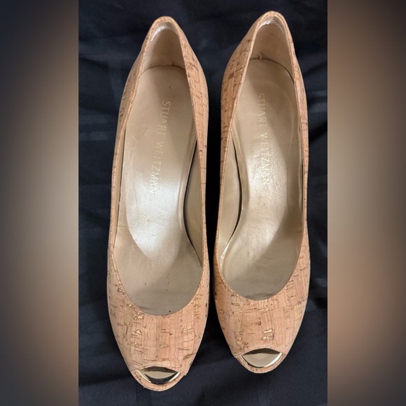 Stuart Weitzman Tan Anna Cork Wedge Platform Peep Toe Pumps Size 8.5 M - Picture 10 of 14